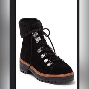 Marc Fisher Black Suede Lace-Up Ankle Combat Boot with Faux Shearling Trim